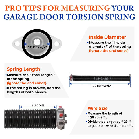 Guide on measuring Heavy Duty Pair of 2 Inch Garage Door Torsion Springs for Standard 7 to 8 Foot Doors with 0.218 Inch Wire.