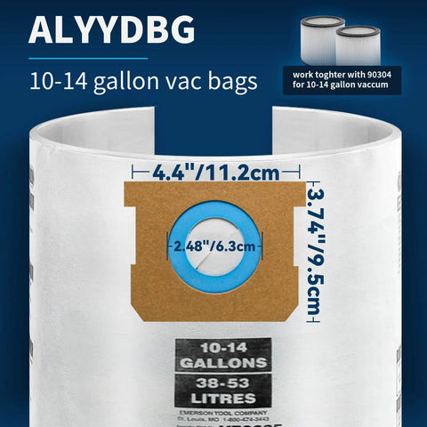Shop Vac Replacement Bags For 10-14 Gallon Models Type F And Type I With 2-1/2 Inch Ports 5 Pack shown with dimensions