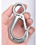 Hand holding 304 Stainless Steel Grab And Slip Hook Rigging Accessory With Spring Loaded Latch, heavy duty lifting hook.