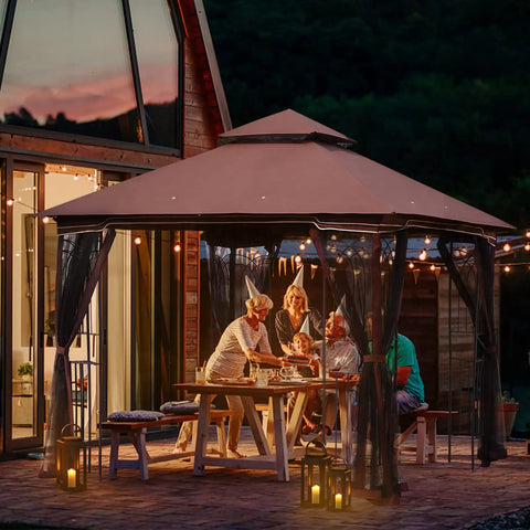Heavy Duty Outdoor 10x10 Gazebo With Double Roofs, Metal Corner Frame Shelves, And Mosquito Netting, Ideal Party Shelter