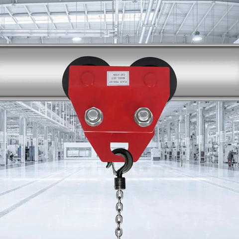 Heavy Duty Manual I Beam Trolley For 3 Ton Load, Adjustable Flange Width 3.54 To 4.13 Inches, in a warehouse setting