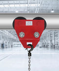 3 Ton Beam Trolley Hoist With Dual Wheels Manual Adjustable Width From Three Point Five To Four Point One Inches For Straight And Curved I Beams Beefy Heavy Duty Lift For DIY Pros And Pro Shops in industrial setting