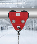 3 Ton Manual Beam Trolley For I Beam Lifts Heavy Duty Push Trolley with red frame and hook on overhead rail in industrial setting