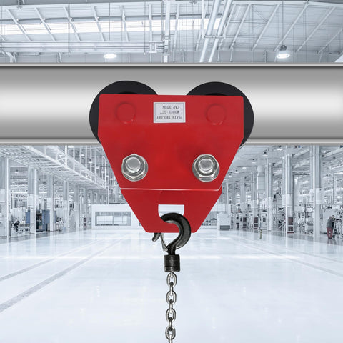 3 Ton Manual Beam Trolley For I Beam Lifts Heavy Duty Push Trolley with red frame and hook on overhead rail in industrial setting