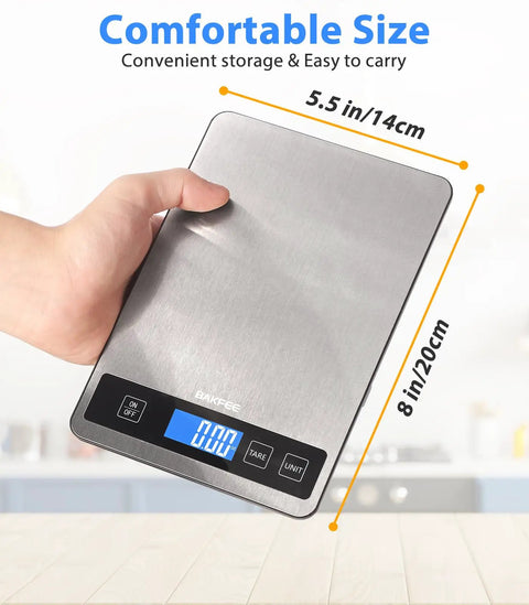 Digital Food Scale For Kitchen Gamechanger, 33 Lb Capacity, 1 G Precision, full view LCD display, shown in hand for size.