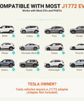 Image showing various EV models compatible with No Sweat Portable Level 1 And Level 2 EV Charger Delivers 32 Amp Boost Via J1772 Connector.