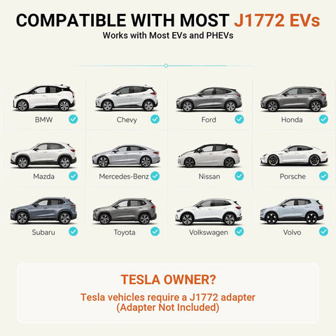 Image showing various EV models compatible with No Sweat Portable Level 1 And Level 2 EV Charger Delivers 32 Amp Boost Via J1772 Connector.