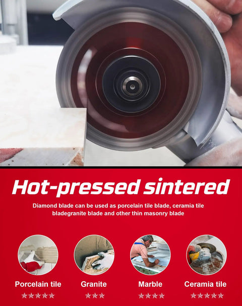 4.5 Inch Super Thin Diamond Porcelain Saw Blade cutting ceramic tile, shows turbo mesh rim for fast chip-free cuts