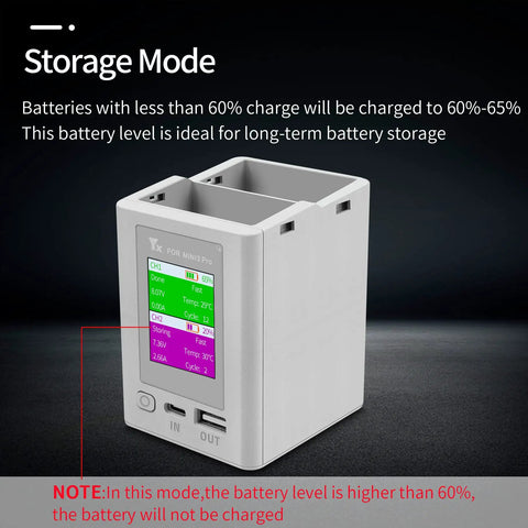 LCD Parallel Charger With Storage And Discharge For DJI Mini 4 Pro And Mini 3 Pro Batteries Two Way Charging Hub display