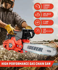 Person using Gas Chainsaw With 12 Inch Guide Bar For Wood Cutting And Tree Felling, showing specs and performance features.