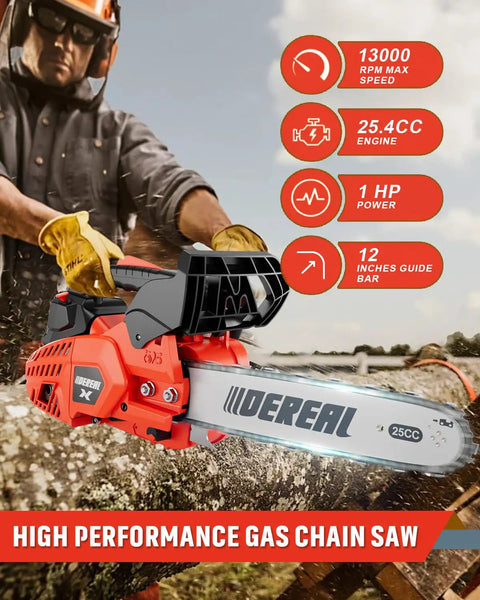 Person using Gas Chainsaw With 12 Inch Guide Bar For Wood Cutting And Tree Felling, showing specs and performance features.