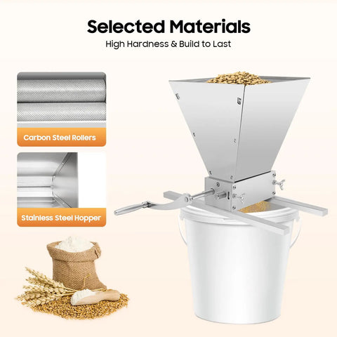 Manual Grain Mill With Adjustable Roller Gap For Wheat Berries, dual mode with carbon steel rollers and stainless steel housing.
