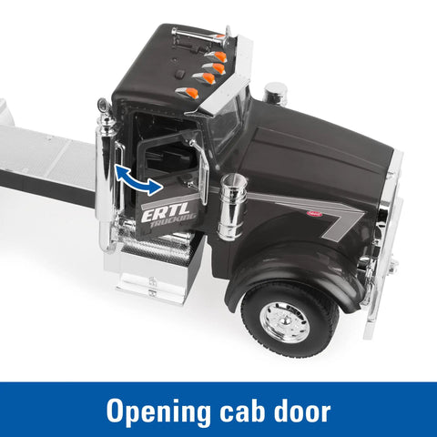 Peterbilt 1 By 16 Scale Semi Truck With Livestock Trailer And Four Cows showing opening cab door, right side view