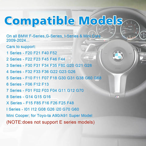 BMW OBD2 WiFi Diagnostic And Coding Adapter Compatible Models List Shown on Car Dashboard
