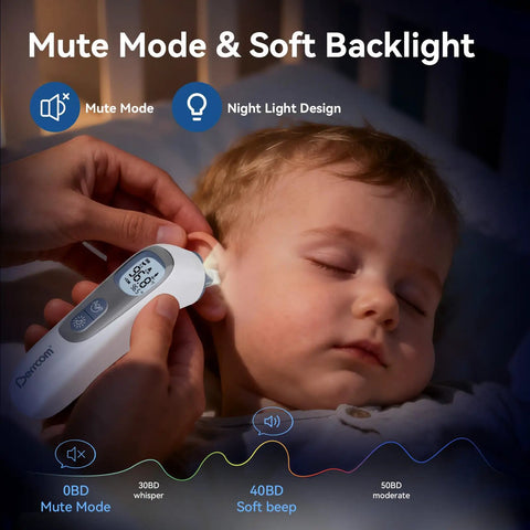 Ear Thermometer With Heated Tip And Smart Age Mode For Babies To Adults, A Go-To Pre-Warmed Probe For Fast Accurate Readings, Three Age Groups 0-3 Months, 3-36 Months, 36 Months And Up, Family Health Essential, shown on sleeping child