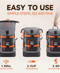 Waterproof Dry Bag Backpack 40L for Men and Women Roll Top Rugged Heavy Duty Cushioned Hiking Pack in grey, 3-step use