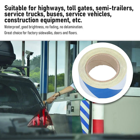 Close-up of Two-Pack Safety Warning Stripe Tape 2-Inch By 98-Foot High-Visibility Self-Adhesive, with toll booth in background