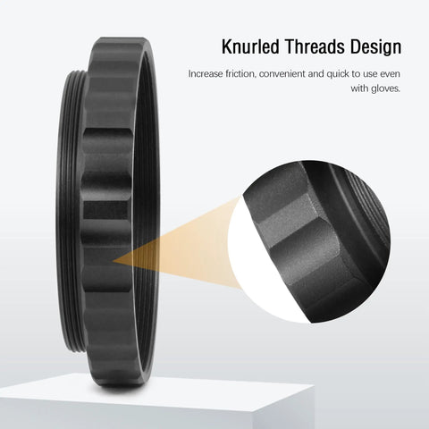 Close-up of knurled threads on 2 Inch M48 To M42 0.75 Telescope Adapter Female To Male Thread All Metal Anodized Aluminum 2 Mm Optical Length.
