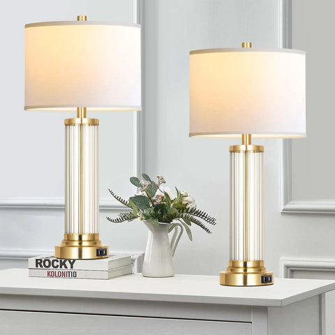 Touch Control Table Lamp Set Of 2 With USB Ports, 3 Way Dimmable Nightstand Lamps In Cream Fabric Shade on white table