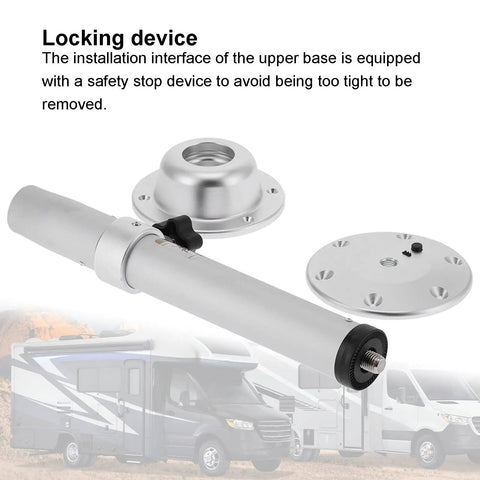 Beefy Aluminum Table Leg Bracket With Adjustable Height Pedestal For RVs Yachts Boats Motorhomes And Marine Caravans 19.3 To 31.8 In Height Mount Base Heavy Duty Construction Smooth Stepless Height Control For Marine Use showing locking device components