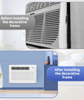 Before and after installing 26 Inch PTAC Wall Sleeve For Through The Wall Air Conditioner with decorative frame in room setting