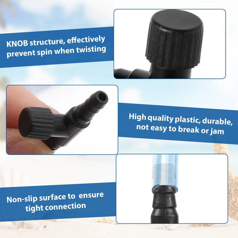 Close-up of adjustable aquarium air control valve for three sixteenth inch airline tubing inline flow regulator, black plastic material