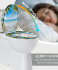 Elongated Toilet Seat Slow Close Quick Release Bathroom with beach design, showing slow close feature and white toilet.