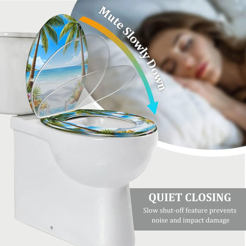 Elongated Toilet Seat Slow Close Quick Release Bathroom with beach design, showing slow close feature and white toilet.