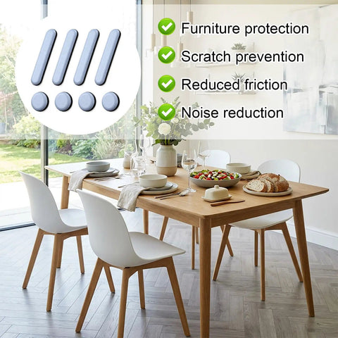 No Sweat Heavy Duty Self Adhesive Furniture Sliders For Carpet And Hardwood Floors Includes Round And Rectangular Chair Glides in blue gray on wooden table.