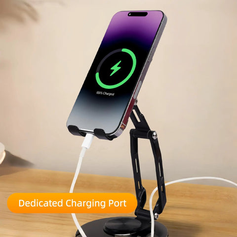 Built Different All Metal Cell Phone Stand 360 Degree Rotatable Height Adjustable with charging port and sleek design.
