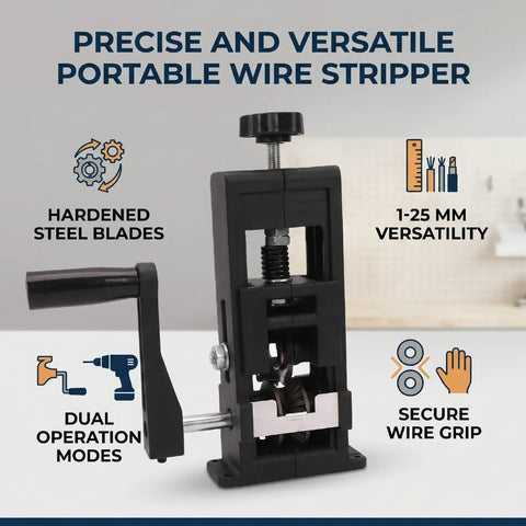 Kick The Boring Manual Jobs To The Curb With This Badass Hand Crank Wire Stripper Machine! Featuring Hardened Blades That Crush Any Job, It Works Perfectly With Electric Drills For Total Power. Portable Mini Design Makes Stripping Flexible And Single. Portable wire stripper with dual operation modes, hardened steel blades, 1-25mm strip range.