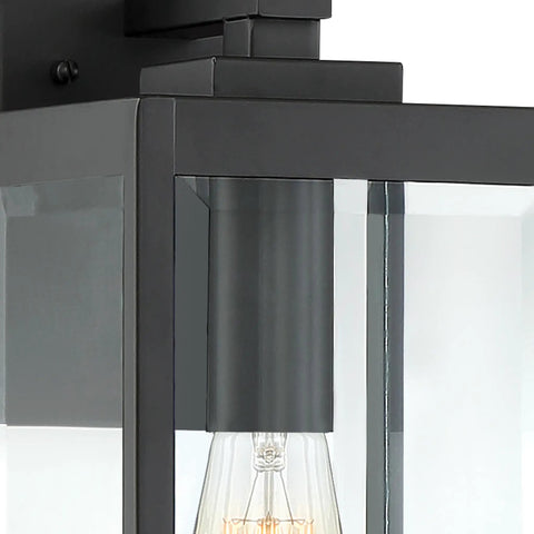 Close-up of Westover 17 Inch Outdoor Wall Sconce 1 Light Earth Black Finish With Clear Beveled Glass E26 Base, showing glass and steel detail