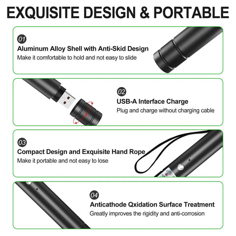 Design features of Beast Bright Long Range Green Beam Flashlight USB Rechargeable Tactical Light With Star Cap Adjustable Focus