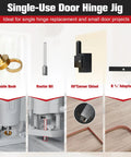 Single-Use Door Hinge Jig with guide bush, router bit, corner chisel, and R adapters for precision hinge cutting.