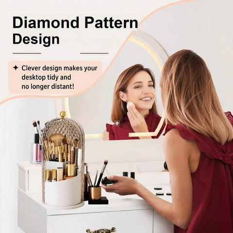 Woman using Rotating Makeup Brush Holder With Lid Diamond Pattern Storage Box For Vanity And Bathroom 360 Degree Spin