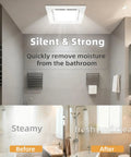 Whisper Quiet Bathroom Exhaust Fan With LED Light, 110 CFM, Ultra Low 1.0 Sone installed on bathroom ceiling, showing before and after moisture removal.
