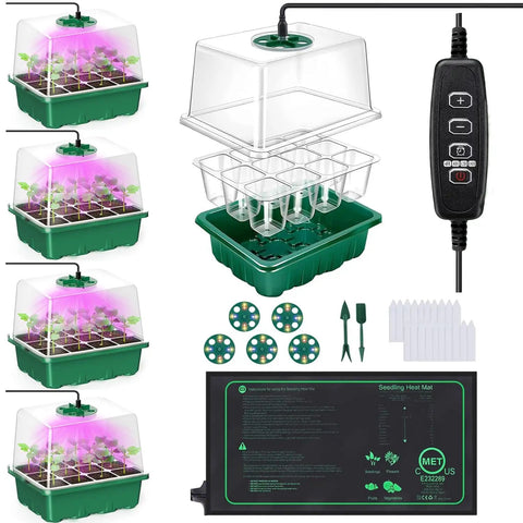 Pro Grade Seed Starter Kit With Heat Mat And Grow Light, 5 Pack Seedling Trays, Time Controller, Adjustable Brightness, Full Spectrum LED.