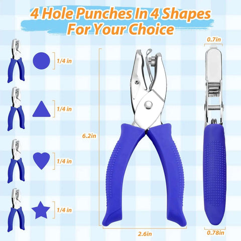 Four Pack Shape Hole Punch Set With Soft Grip For Binder Scrapbooking And Cards No Boring Holes shown in four shapes