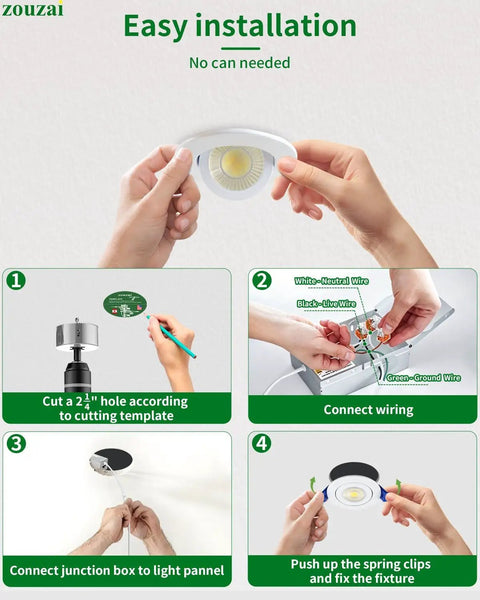 Easy installation steps for zouzai 2 Inch Gimbal LED Recessed Lights, 5CCT, 5W 550LM, White 4 Pack shown in four images.