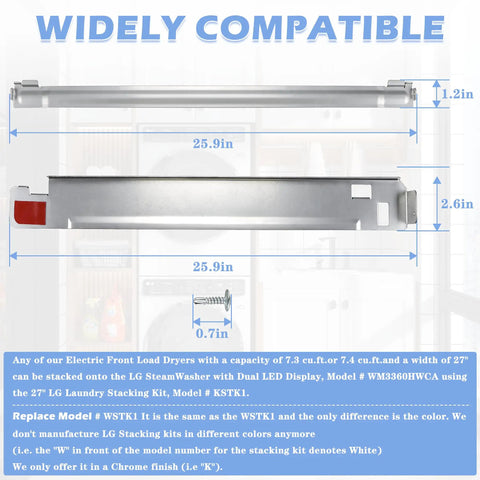 Diagram showing dimensions of Sturdy Metal Laundry Stacking Kit for 27 Inch LG and Kenmore Front Load Washers and Dryers, Chrome Finish.