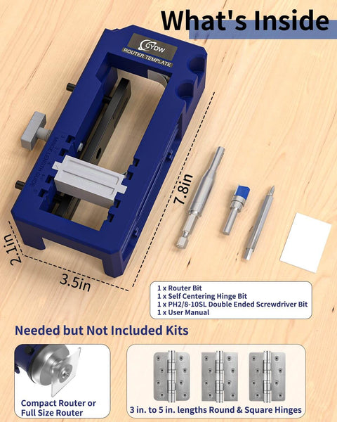 All In One Door Hinge Jig Kit For Quick Mortises Fits Three To Five Inch Hinges And One Quarter Or Five Eighths Inch Door Thickness Router Template For Easy Install Flush Round And Square Corner Hinge Mortises In A Pro Grade Durable Blue showing router bits and self-centering hinge bit.