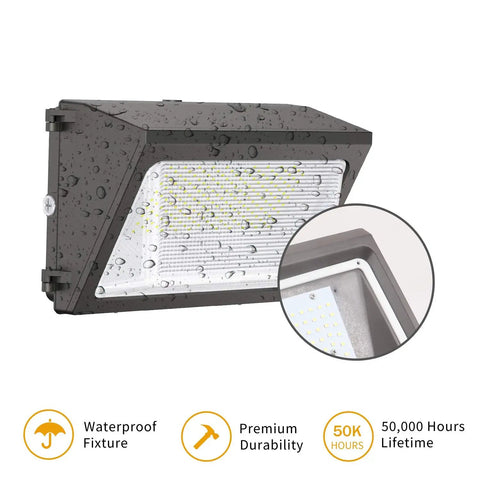Close-up of High Output LED Wall Pack Light 120W 15600LM 5000K with waterproof feature, showing rain droplets on die cast aluminum.