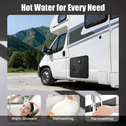 Tankless Gas Water Heater 65000 Btu 2.8 Gpm Instant Hot Water For Rv Camper Van Trailer Camping Life Say Goodbye To Cold Showers Keeps Your Outdoor Trips Rolling Smooth And Warm, RV with black tankless heater access.