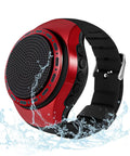 Waterproof Wireless Bluetooth Speaker Watch with FM Radio MP3 Player TWS Pairing Selfie Remote with red wristband splashed with water.