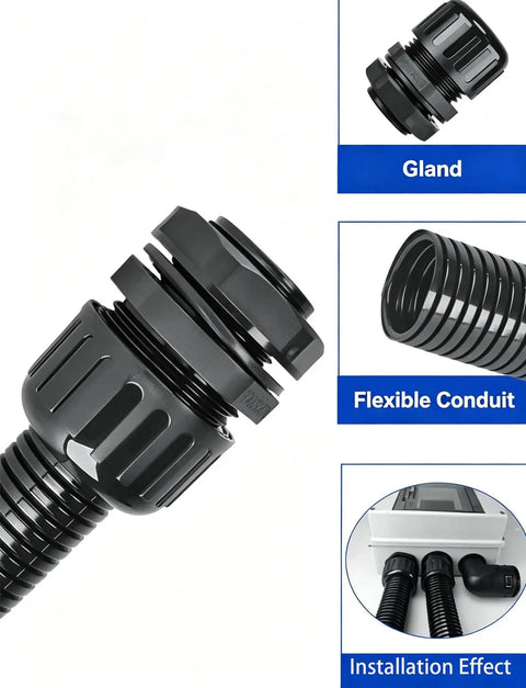 Rock Solid PA66 Nylon Corrugated Conduit Fitting Metric M Screw On Connector for flexible conduit installation detail.