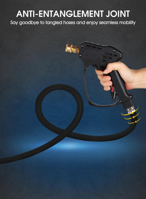 Close-up of Heavy Duty 5000 PSI Short Pressure Washer Gun With Swivel Inlet And Extension Wand Five Nozzles M22 Connectors Car Wash Kit.