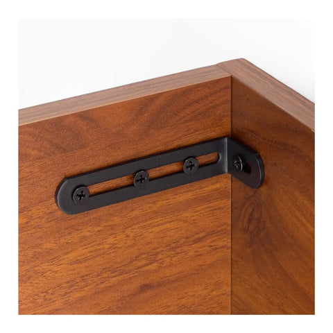 Legit Kickass Heavy Duty Stainless Steel Adjustable Corner Bracket Locking L Shaped Angle Braces For Wooden Shelf Repair and Cabinet Assembly Hardware Kits attached to wooden corner.