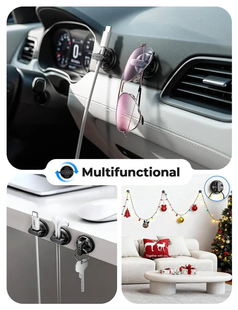 Six Pack Rotatable Cord Holder Set With 360 Degree Magnetic Clips in use on car dashboard, desk, and living room setup.