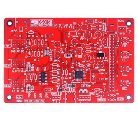 DIY Oscilloscope Kit With Clip Probes For DSO138 Replacement, featuring red circuit board with labeled components for assembly.