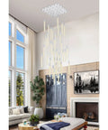 Premium Sleek Modern 36 Light Chrome Ceiling Pendant Delivering Big Time Glam With Genuine Crystal Drops For Indoor Home Decor Weston Collection 42 Inch Wide Lamp Fixture hanging in a bright, stylish living room.